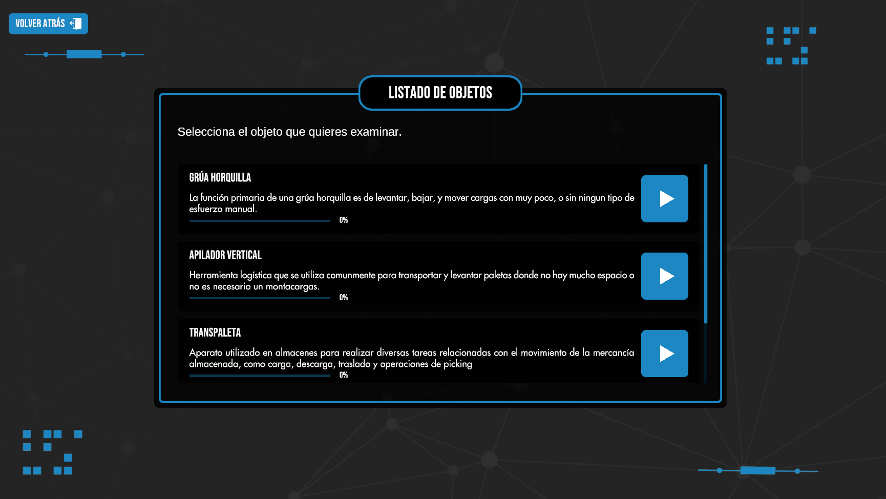 Listado de elementos disponibles, cada uno con su barra de progreso